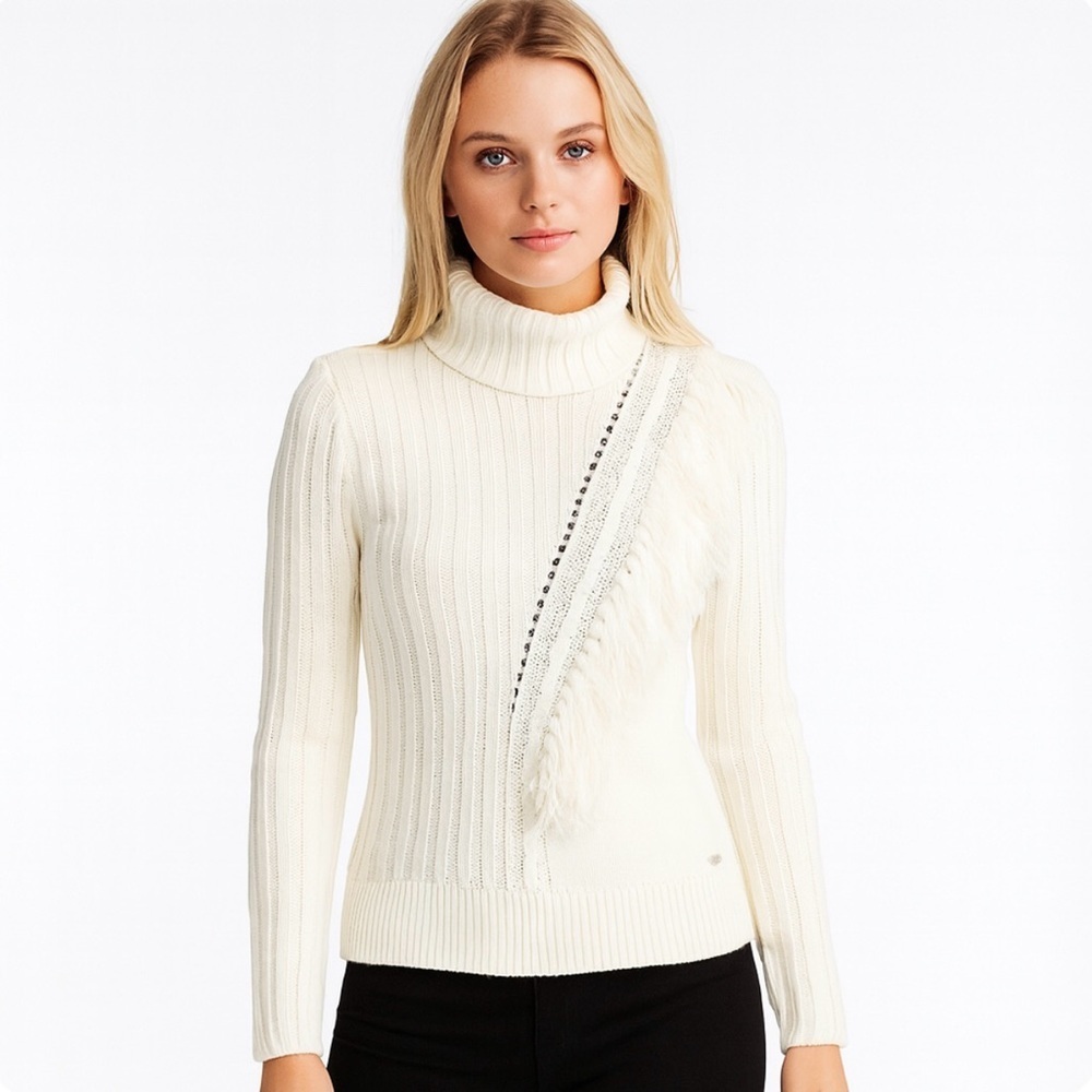 DKNY Ivory Fringe Ribbed Knit Turtleneck Sweater Boho Cozy Pullover Small